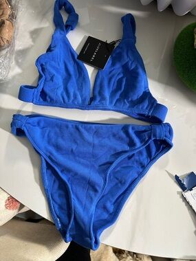 JLUXLABEL Bright Blue Ribbed Triangle Bikini Set